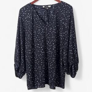 Sejour Blouse Black Dot Print Size 1X Dark Romantic Flowy Puff Sleeve